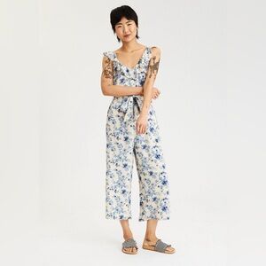 AE Tan and Blue Floral Wide-Leg Jumpsuit with Corset Back, Tie Waist and Ruffles